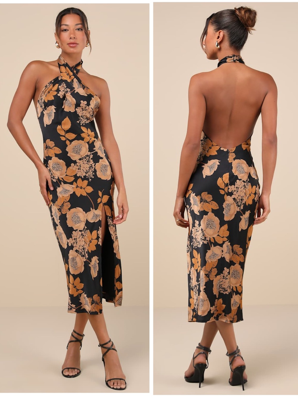 Lulus Beyond Classy Black Floral Satin Halter Midi Dress Size Medium Sleeveless